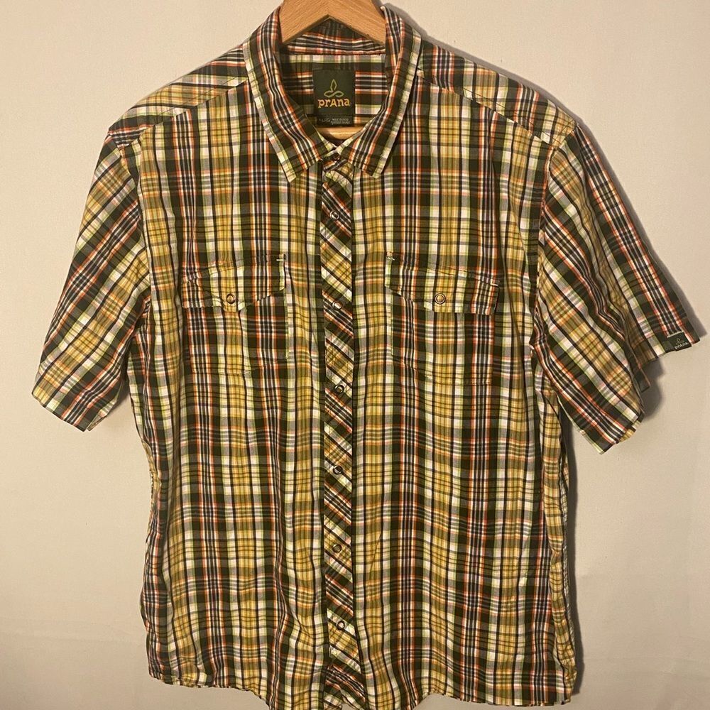 PrAna Double Front Pocket Snap Button Up Plaid Short Sleeve Shirt Size X-Lrg XL